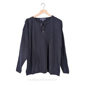 Vintage Henley Sweater L 90s Pullover Button Cotton Nautical Classic Navy Blue